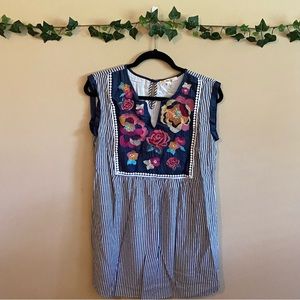 Andree By Unit Women's Embroidered Floral Flowy Striped Navy White Dress